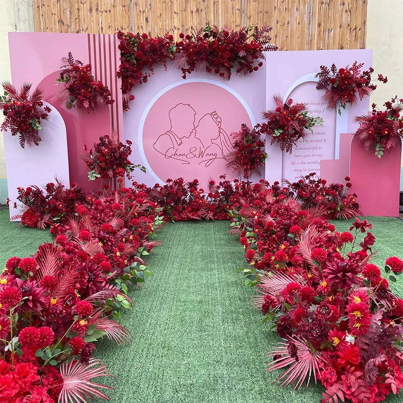 

New Chinese Style Red Wedding Floral Arrangement Stage Background Decoration Flower Row Point Road Guide Simulation Combination