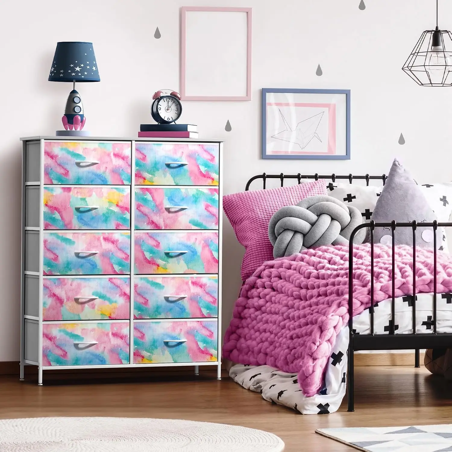 10-Drawer Fabric Storage Dresser with Wood Top, Watercolor Pattern, Bedroom Organizer, Customized