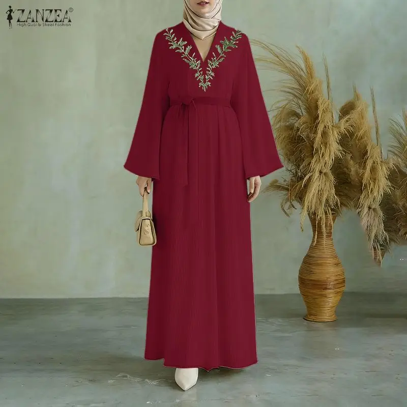 

ZANZEA мусульманское скромное модное женское платье макси хиджабы с вышивкой и v-образным вырезом с расклешенными рукавами и поясом длинные платья из мятая ткань халат