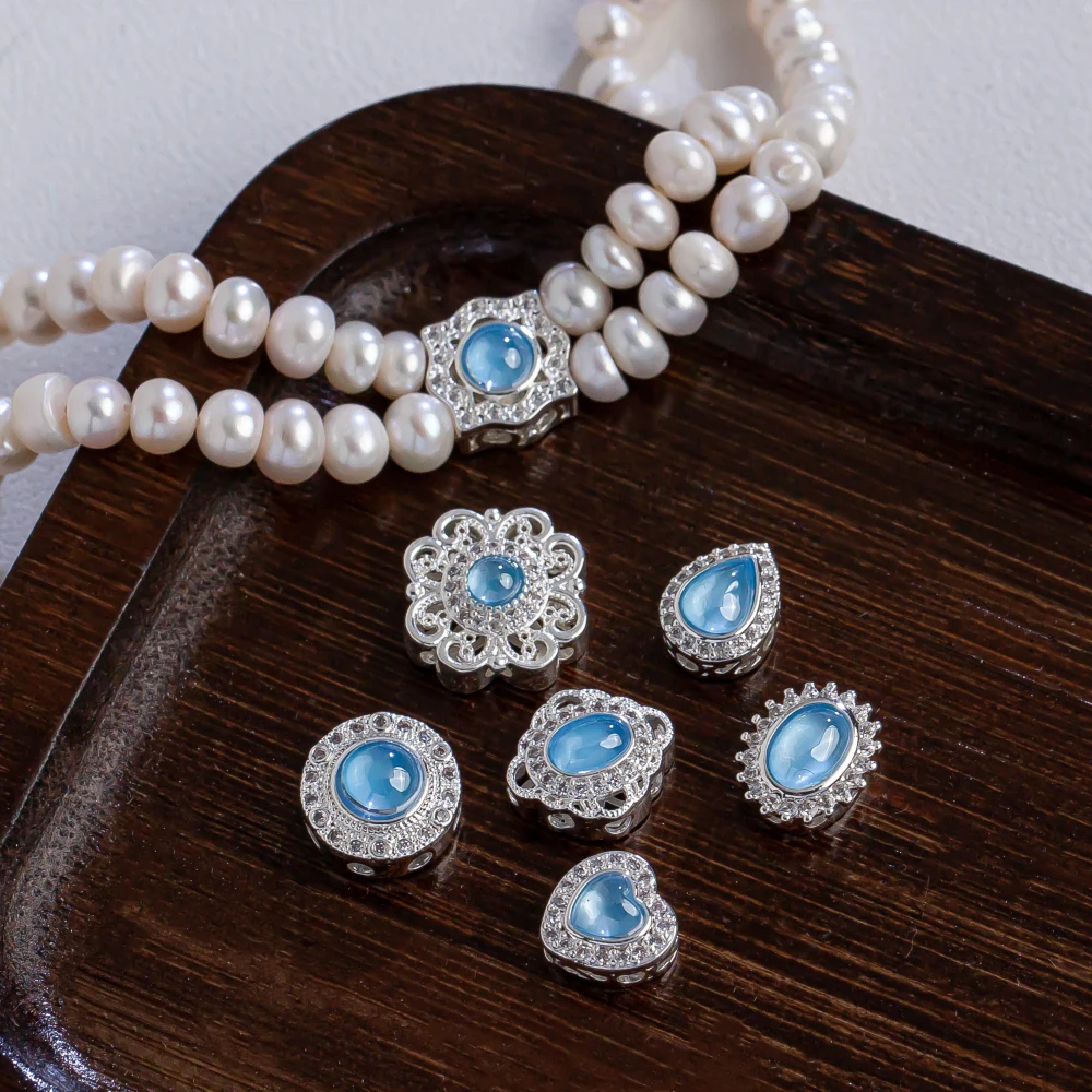 [White K model] Zircon electroplated imitation aquamarine porous copper plated round polygonal bead spacer DIY necklace 2pcs