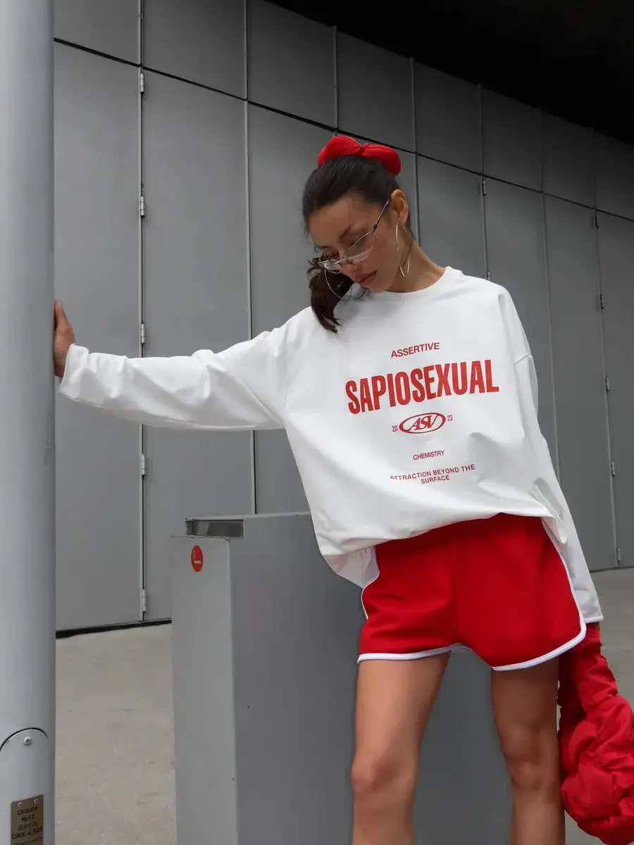 Vintage assertivo carta emblema impresso 100% algodão manga longa camisetas moletom fino outono retro topos temperamento feminino menina