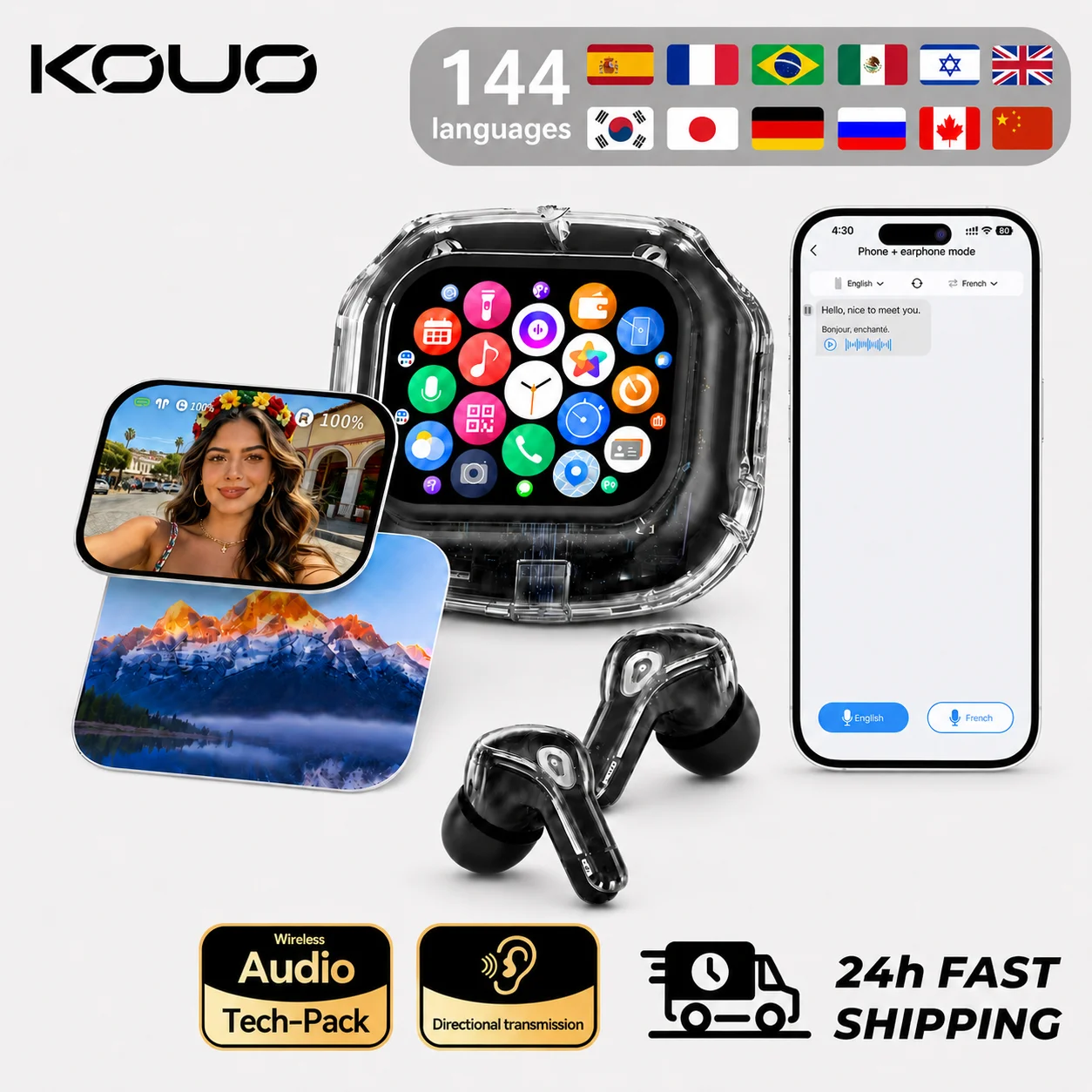 Languages Real Time Translation Earphones with Smart Touch Screen HiFi TWS Wireless Bluetooth Headphones for Business Headset