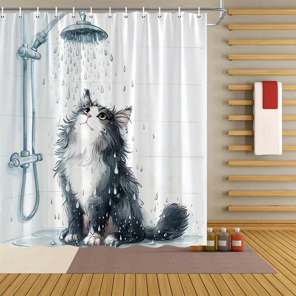 1pc Funny And Interesting Black Cat Bathing Pattern Shower Curtain, Waterproof Shower Curtain, Bathroom Decoration Shower Curtai