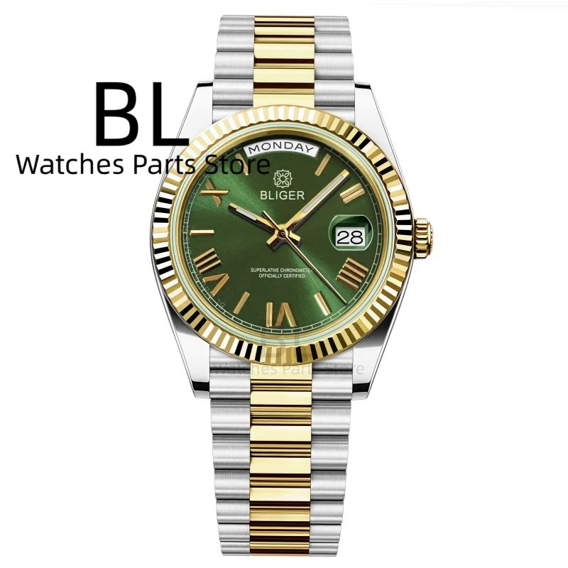 

Мужские часы BLIGER 36/39 мм, серебро/золото, люкс, с эмалевым циферблатом, механизм Miyota 8285, функции недели и даты, водонепроницаемые, сапфировое стекло, Reloj Hombre