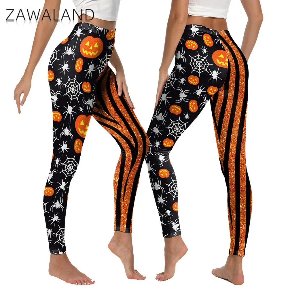 

Zawaland Women Halloween Leggings Spider Web Pumpkin Glitter Stripes Graphic Pants Sexy Party Tights Y2K Trousers Yoga Workout