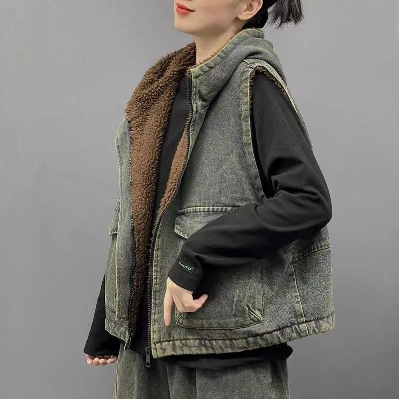 

Denim Waistcoats for Women Vests Fleece Hooded Casual Sleeveless Cardigans Oversized Thickened Jackets Korean Style Women Top