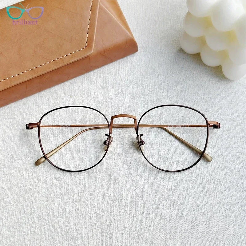 Popular Brown Pure Titanium Eyeframe Women Ultra Light Fashion Round Gold Wire Eyeglasses Myopia Optics Men Prescription Glasses