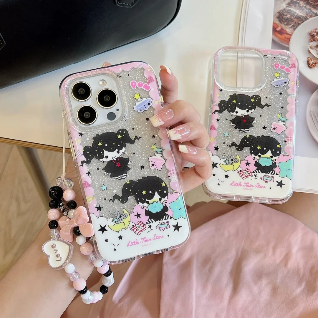 

Kawaii Creative Little Twin Stars Cute Cartoon Pink Girl Bow Lanyard Chain Phone Case For iPhone 16 15 14 13 Pro Max Cover
