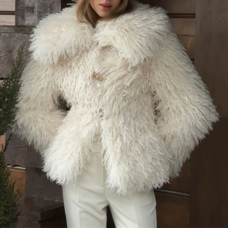 

Женская шуба 2026, новинка весны, однобортная женская куртка с лацканами, пальто из искусственного меха ягненка, плюшевое пальто на пуговицах с бычьим рогом