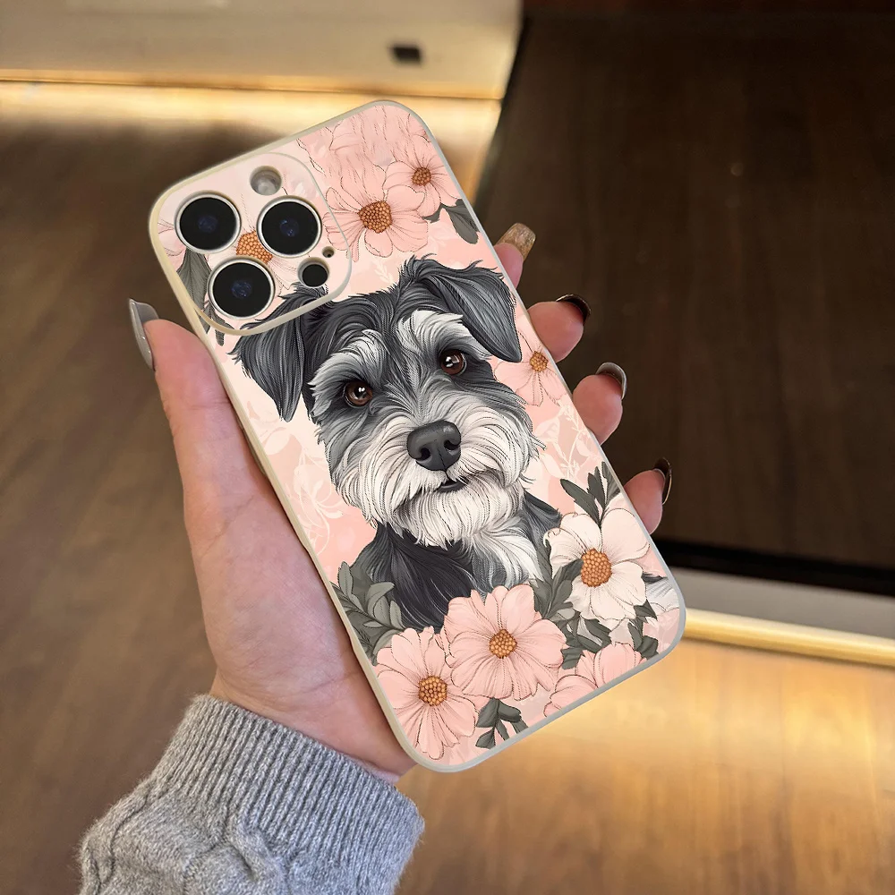 Funda de teléfono de moda estética con perro Schnauzer Floral bonito para iPhone 17 a 11 Pro Max Plus regalo de cumpleaños Schnauzer para mujer