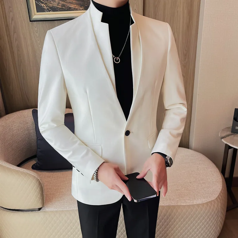 New Explosive Single Row One Button Coat Stand Collar Solid Color Suit Business + Casual Trend Slim Handsome Men's Clothing