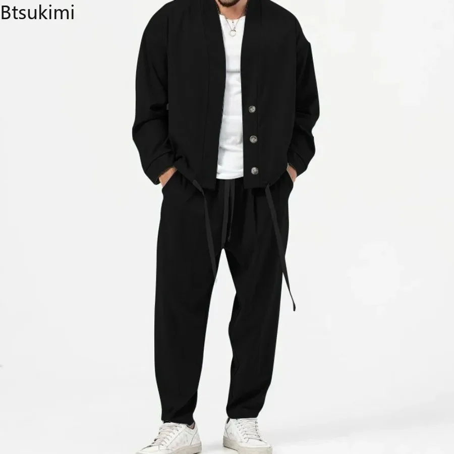 2024 Men's Casual Pants Sets Spring Autumn Loose Long-Sleeve Jackets+ Pants Two Piece Sets Retro Streetwear Man Sport Suits Sets