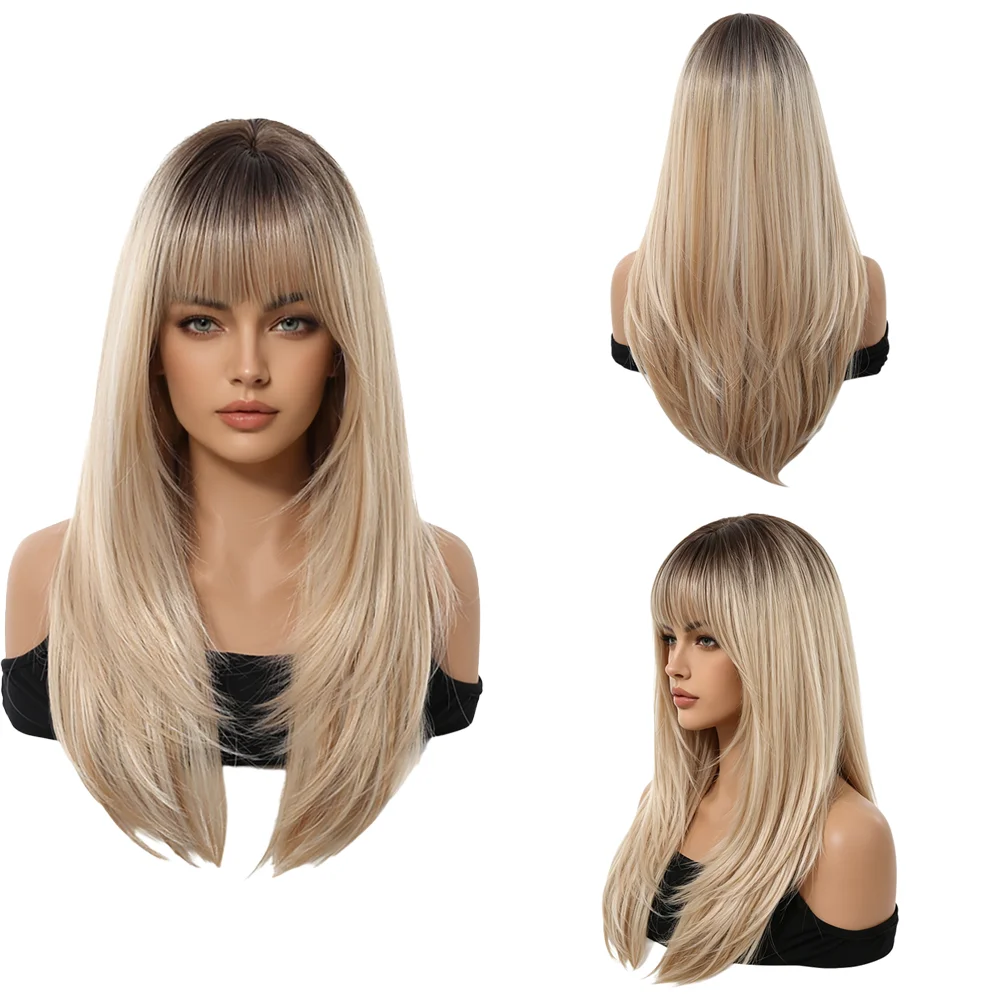 Balayage Blonde Long Straight Wigs with Bangs Women Layered Ash Blonde Wig Dark Roots Soft Natural Synthetic Hair For Daily Wear
