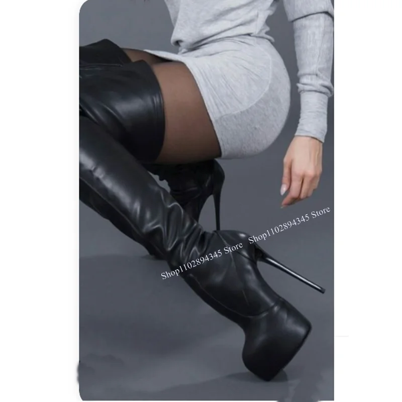 Black Zipper Over Knee High Boots Thin High Heel Fashionable Sexy Cool Winter Casual Big Size Woman Shoes Zapatillas Mujer