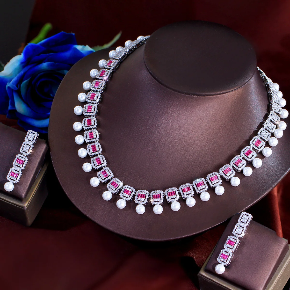 

BeaQueen Vintage Ethnic Rose Red Square Cubic Zircon Bridal Wedding Party Pearl Necklace Earrings Set Jewelry Accessories T1003