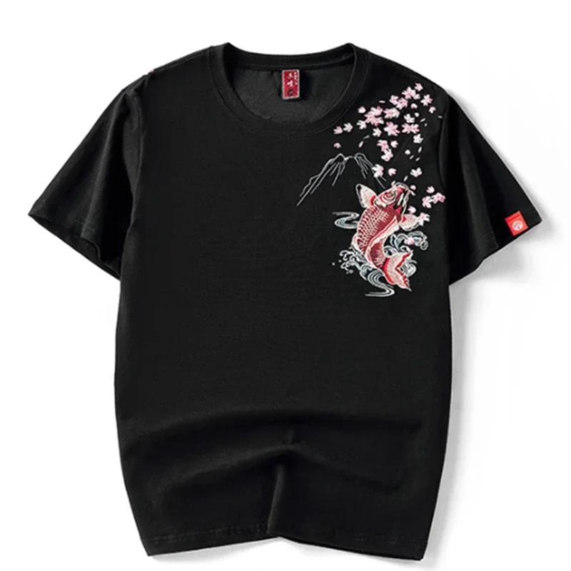 Lyprerazy New Summer Chinese Style Carp Embroidery T-Shirt Original Brand Cotton Casual Men Tee Shirt Tops