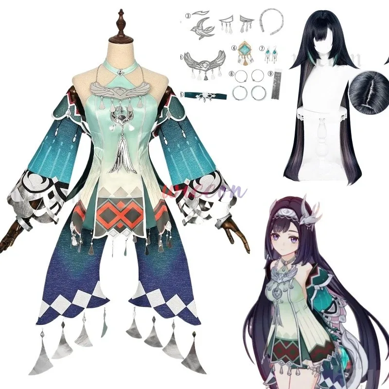 جينشين إمباكت لان يان أزياء تنكرية فستان شعر مستعار أغطية الرأس أقراط Liyue الربيع المنسوجة من اليشم حفلة الهالوين للنساء XZG5HK