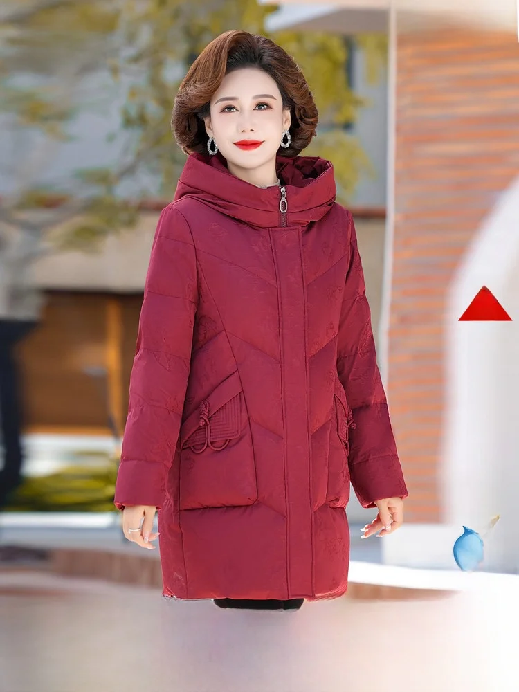 

Новая женская модная удлиненная пуховая куртка Snow Flng 2026 весна с капюшоном, утепленная, с принтом, для повседневной носки, из полиэфирного волокна