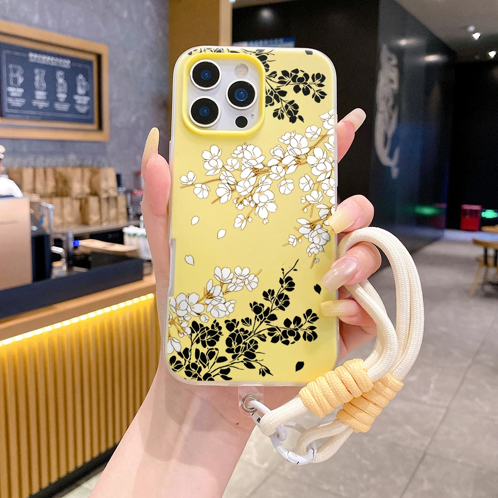 Flower Branch Print 2 in1 Lanyard Jelly Phone Case For iPhone 17Air 17 Pro Max 16 15 14 13 12 11 Pro 7 8 X XR XS SIlicone Cover view 5