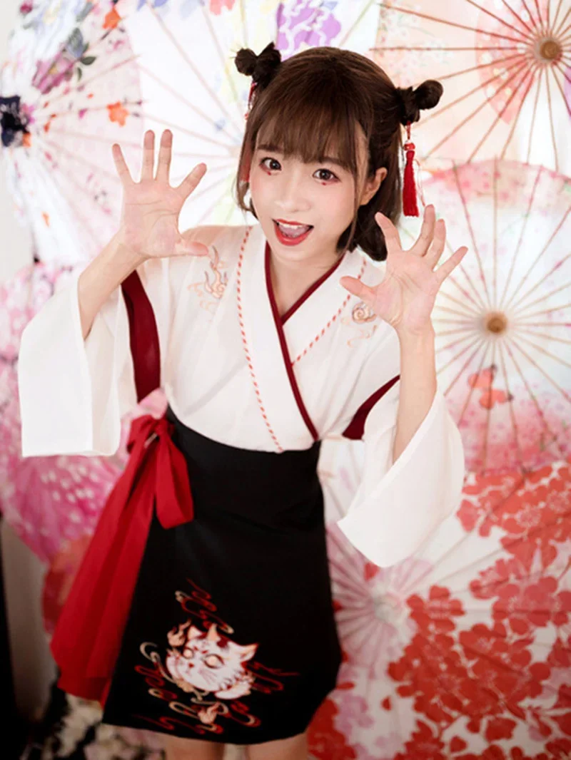 Vestido japonés Kimono mujer negro blanco gato bordado dulce Vintage ropa asiática Yukata Haori Cosplay fiesta 2 piezas conjunto