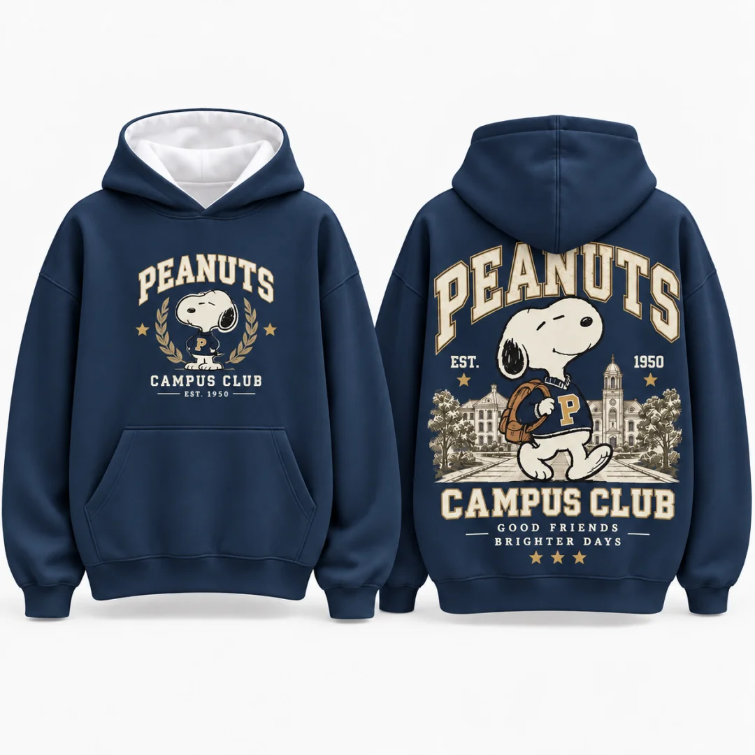 Peanuts Snoopy Campus Club Kids Hoodie Vintage University Cartoon Mens Pullover Hooded Sweatshirt Boys Casual Street Tops