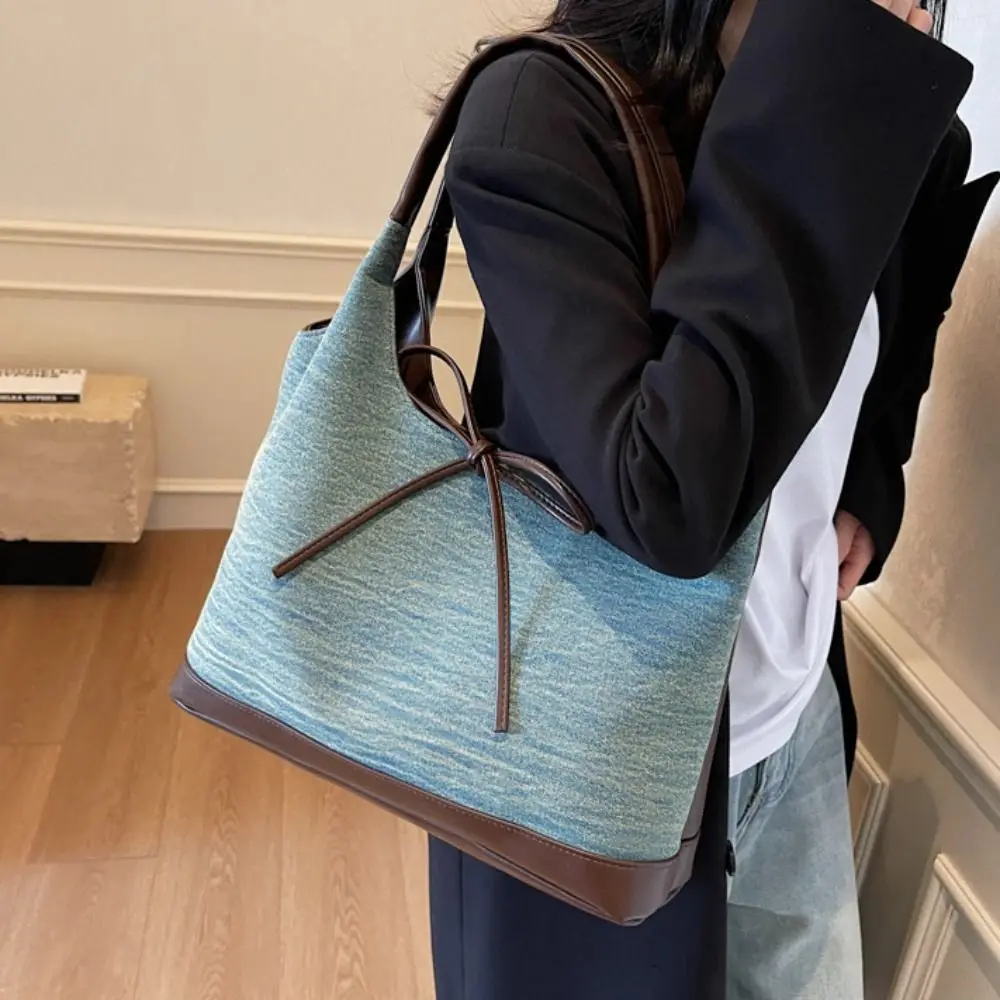 

Casual Elegant Bow Tie Shoulder Bag Korean Style All-match Canvas Tote Bag Bowknot Lightweight Retro Underarm Bag Girls