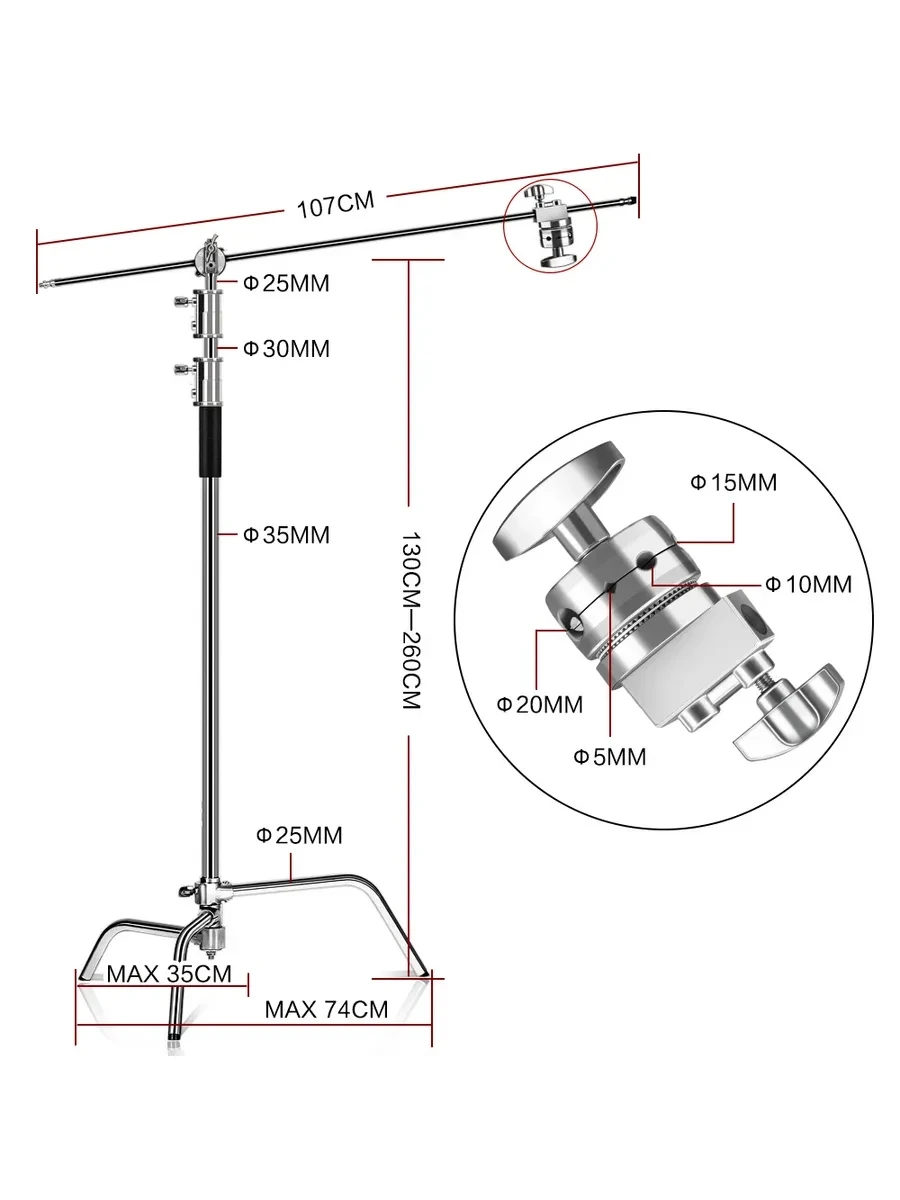 Professional260cm Stainless Steel Photography Tripod C-Stand Light Stand with Boom Arm  Metal Softbox Studio Lighting Stand