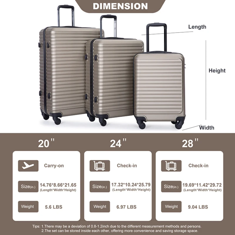 

3 Piece Lage Sets ABS Lightweight Suitcase With Two Hooks Spinner Wheels TSA Lock Telescoping Handle Effortless maneuverability