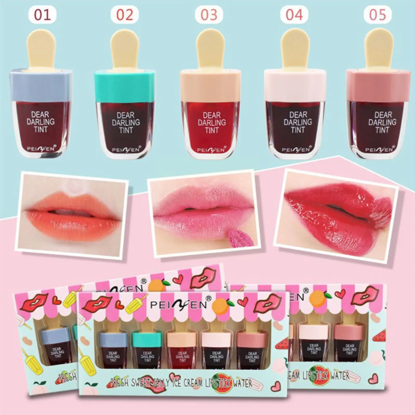 5 Colors/set Cute Ice Cream Fruit Lip Glaze Waterproof Cup Liquid Lasting Matte Velvet Lipstick Long Lip Non-stick Mirror G E5K6