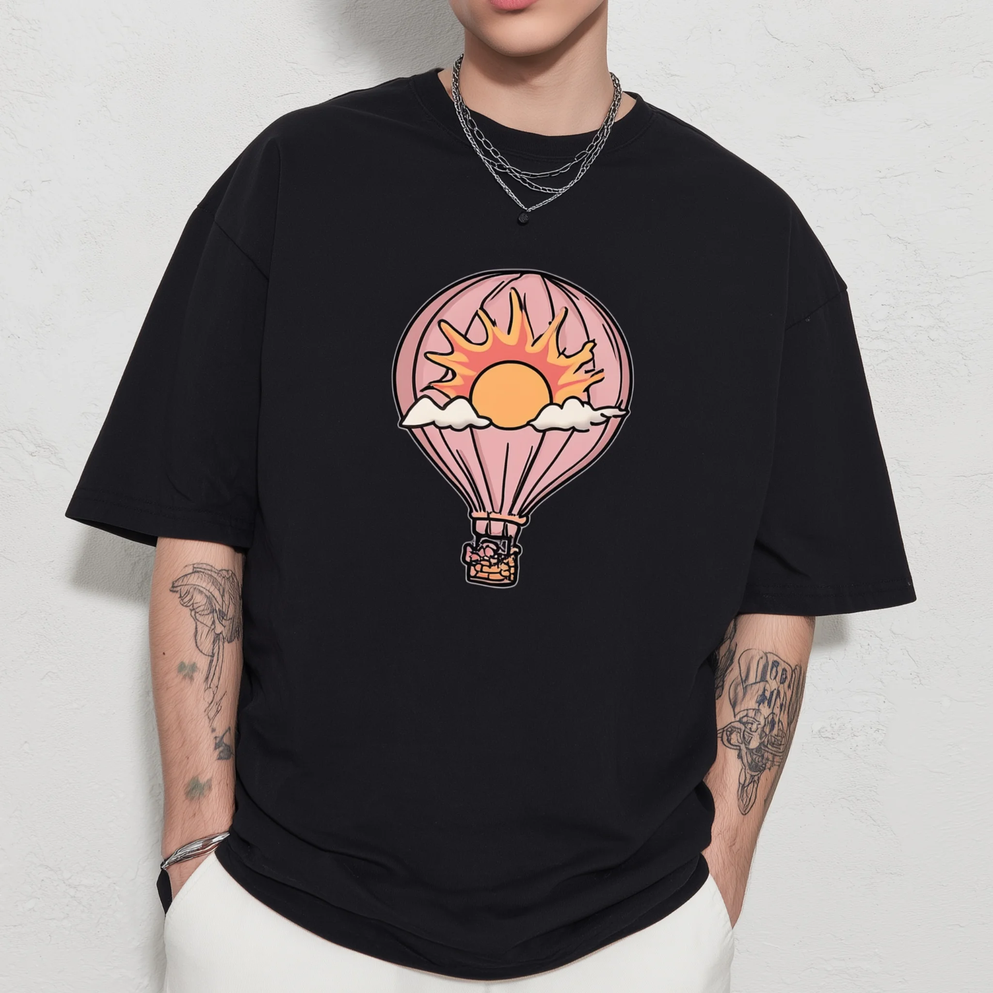 

Teevo Black Short Sleeve T-Shirt with Hot Air Balloon and Sun Print for Casual Wear