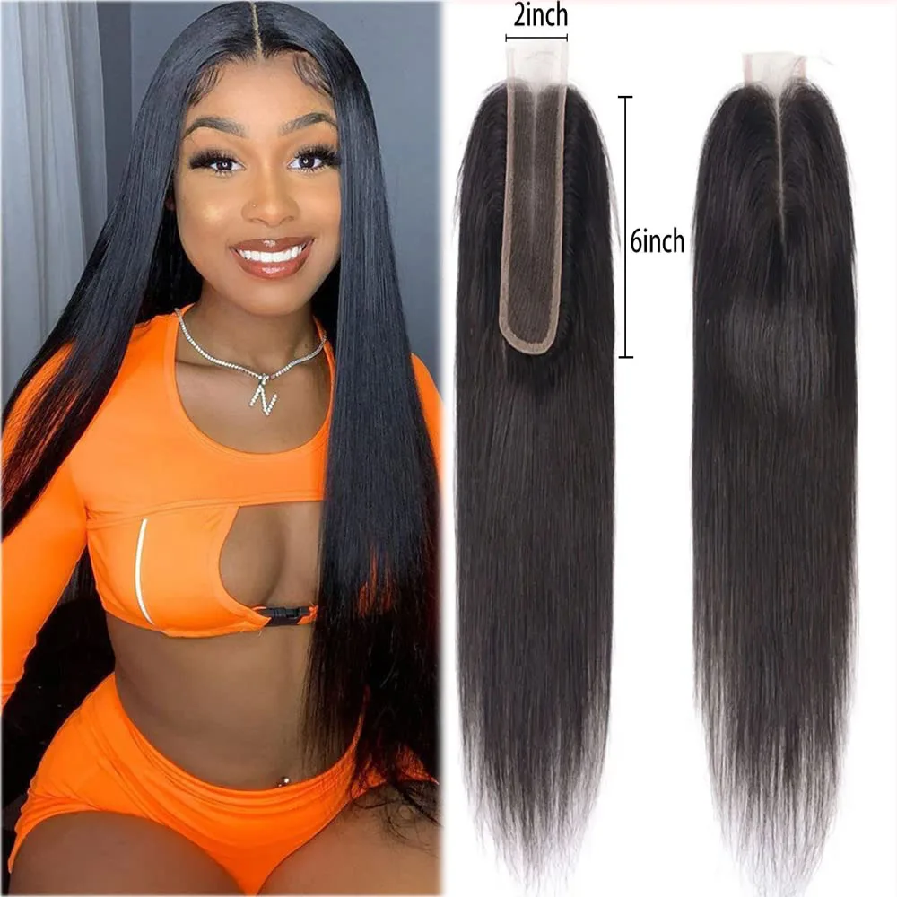 Black Straight 2x6 Lace Frontal Closure Brazilian Human Hair 2x6 Transparent Lace Hand Tied (10-26 inch)