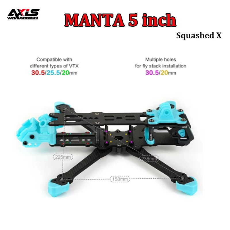 

Axisflying MANTA 5 inch Carbon Fiber Squashed X Frame Kits 238mm Wheelbase 5mm Arm Thickness for RC FPV 5inch Freestyle Drone