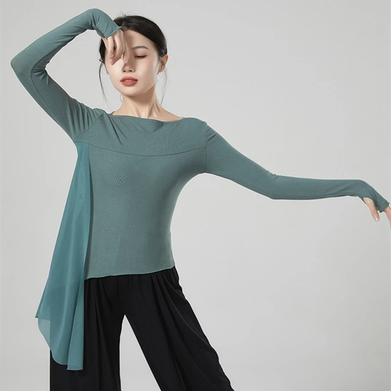 Women Modern Dance Top Long Sleeve Tulle Spliced Shirt Irregular Hem Latin Training Clothes Slim Top Thumb Hole Blouse Dancewear