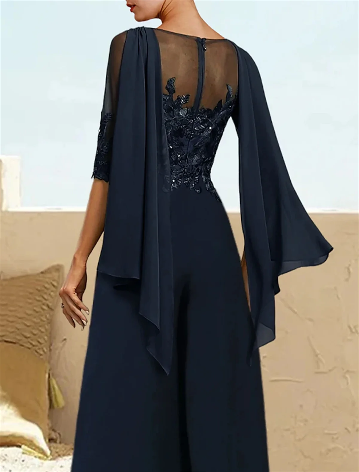 فساتين أم العروس أنيقة مزينة بالدانتيل على شكل حرف A مع وشاح نسائي نصف كم ورقبة قارب فساتين سهرة للحفلات الراقصة #6