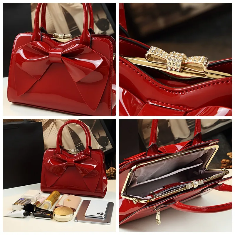 Patent Leather Handbags For Women Purse With Bow Satchel Top-Handbags Crossbody Bag Portable Shoulder Luxury