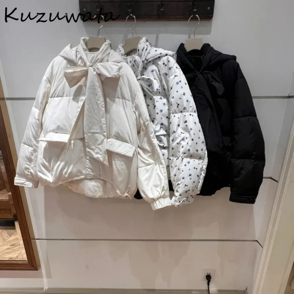 Kuzuwata Elegant Hooded Long Sleeve Lace Up Coat Print Sustans Warm Zip Parkas Japan 2024 Winter New Casual Straight Outwears