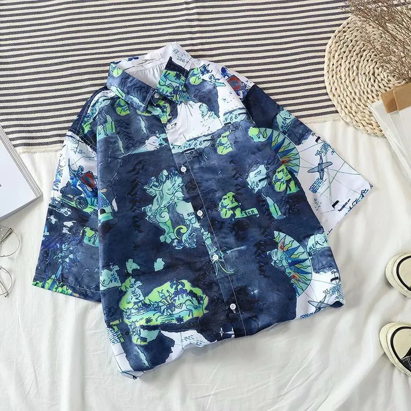 

Y2K Japan Personality Map Printed Vintage Shirt Summer New Men Hawaiian Short Sleeve Casual Mens Women Couple Shirts Oversized