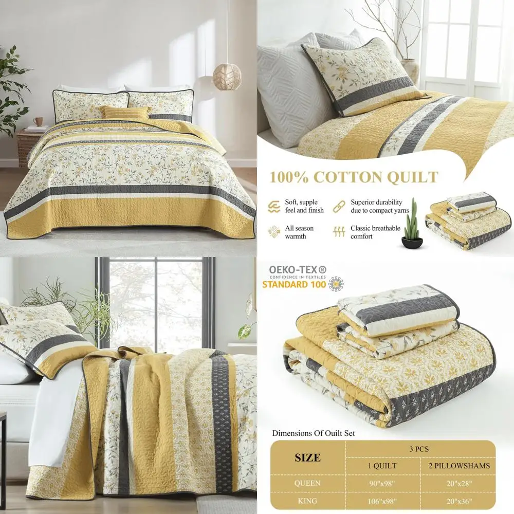 

Modern Stripe Cotton Queen Quilt Set with 2 Pillow Shams - Reversible Lightweight Bedspread for Queen Size