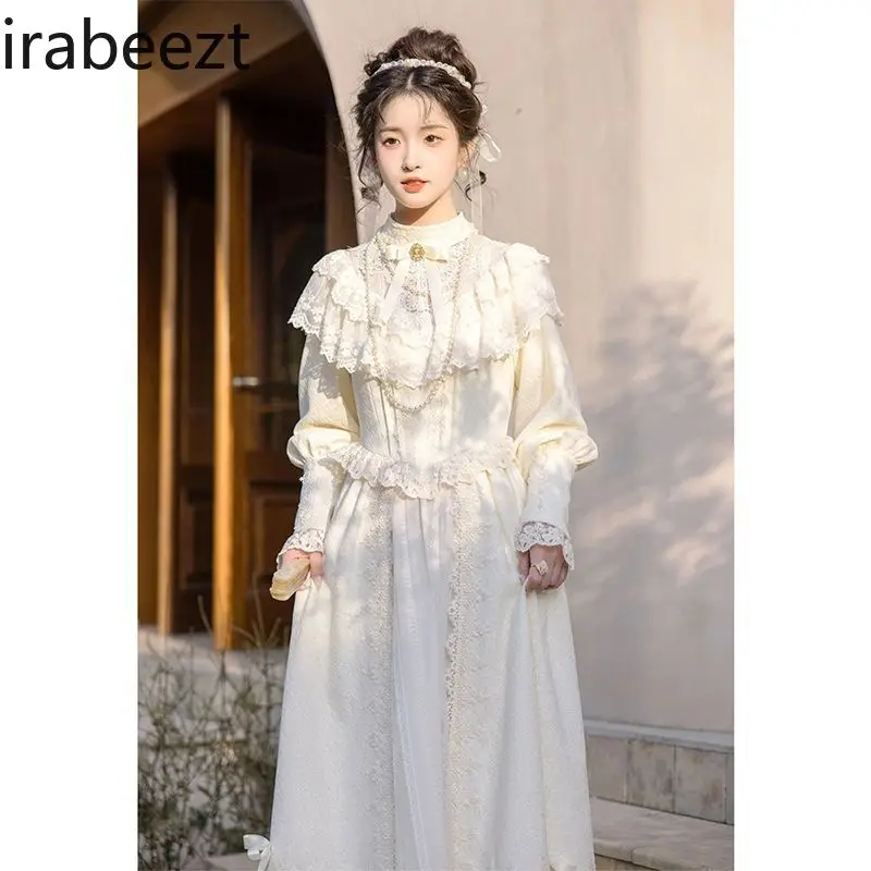 

Elegant French Retro White Robe Spring Long Sleeve A-Line Evening Gown Women's Party Birthday Formal Maxi Dress Lady Chic Style