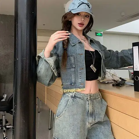 American Spice Girl Denim Suit Women's Lapel Rough Edge Short Jacket Spring and Autumn New Loose Tooling