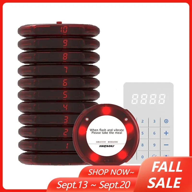 Restaurant Pager Wireless Calling System with 10 Coaster Buzzer Vibrator Bell Receiver Beeper for Food Truck Cafe Bar