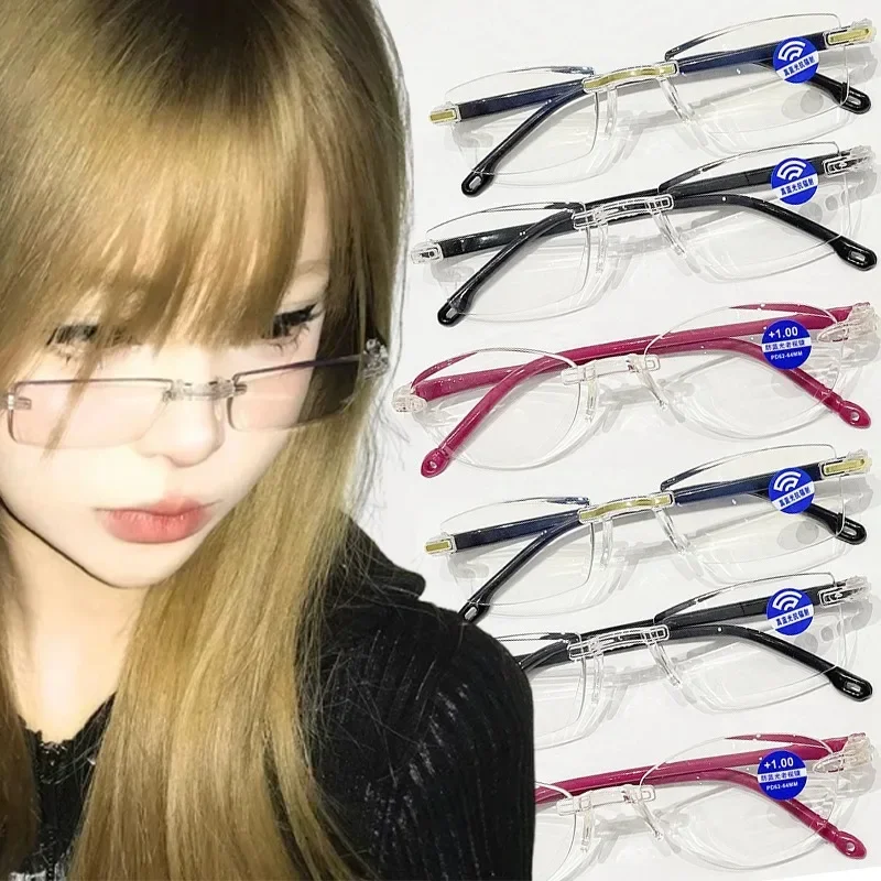 2024 Square Rimless Glasses Women Men Fashion Silver Narrow Frame Anti-Blue Light Glasses Optical Computer Reading Eyeglasses