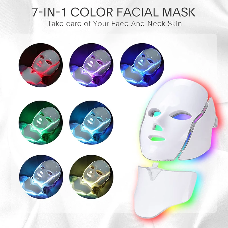 Masque LED Machine de beauté 7 couleurs lumière avec cou rajeunissement de la peau blanchissant Anti-acné Lifting du visage masseur ferme soins de la peau SPA
