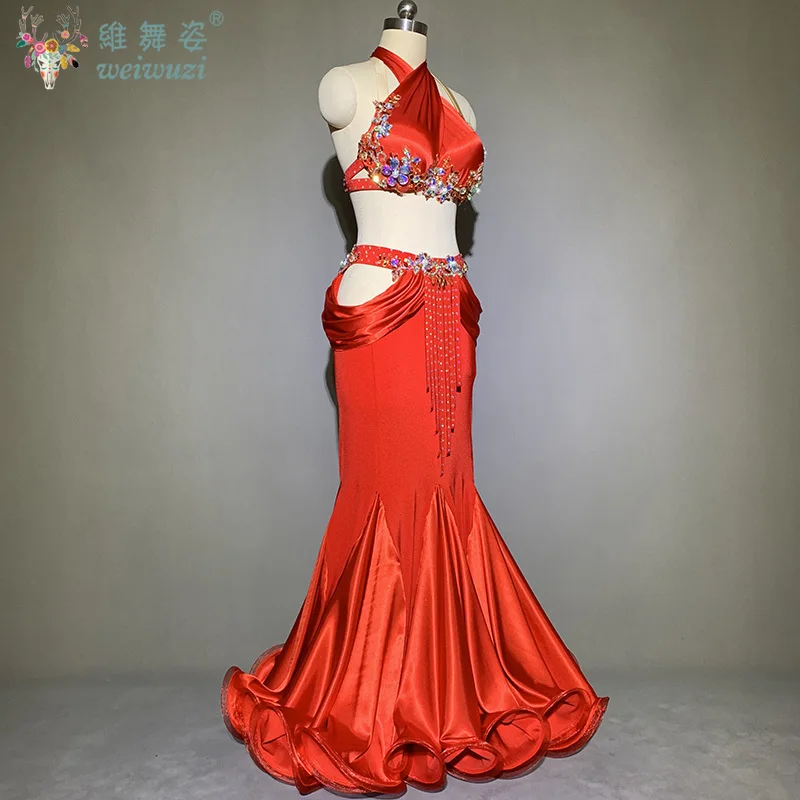 New Belly Dance Performance Costume for Women Custom Senior Bra+fish Tail Long Skirt 2pcs Pop Song Suit Oriental Dancing Outfit