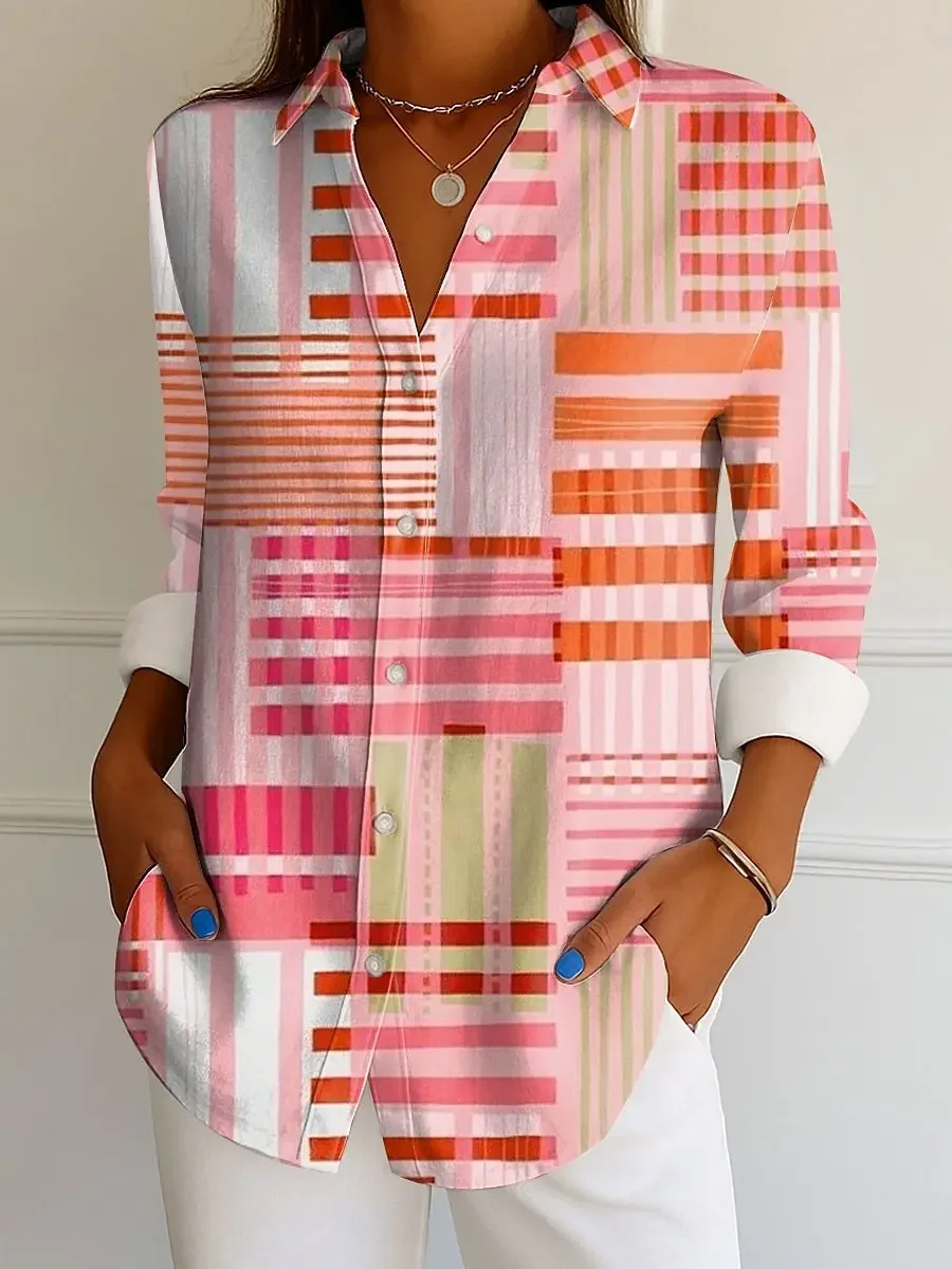 

Женская рубашка с графическим рисунком в геометрическую полоску, модные тропические повседневные рубашки с длинными рукавами, воротник, обычные топы, повседневные осенние принты на пуговицах