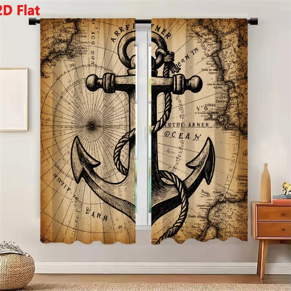 2Pcs Curtains 2D Flat Vintage Black And White Nautical Anchor With Rope On Old Sepia Nautical Chart Background Compass Rose Land
