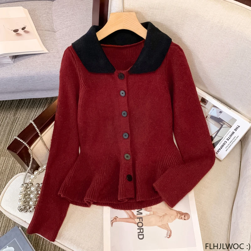 S-3XL New Year Ruffles Peplum Basis Pullovers Jumpers Long Sleeve Loose Japan Cute Sweet Girls Red Knitted Sweaters Cardigans