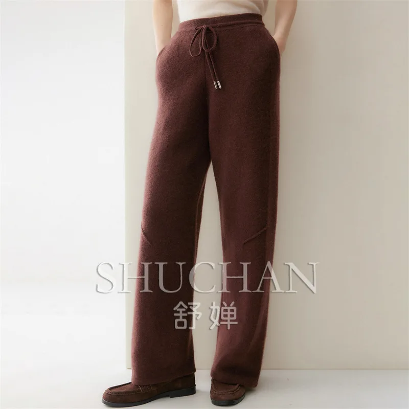 Lazy loose wind drawstring cashmere pants wear wide-leg pants women's lace-up drape knitted trousers casual pants