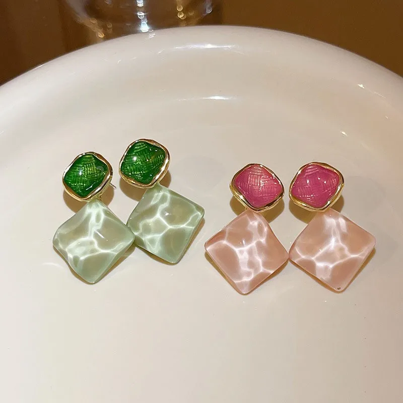 925 Silver Needle Green Pink Water Ripple Square Earrings For Women Jewelry 2024 Trending New Korean Fashion Earrings Pendientes