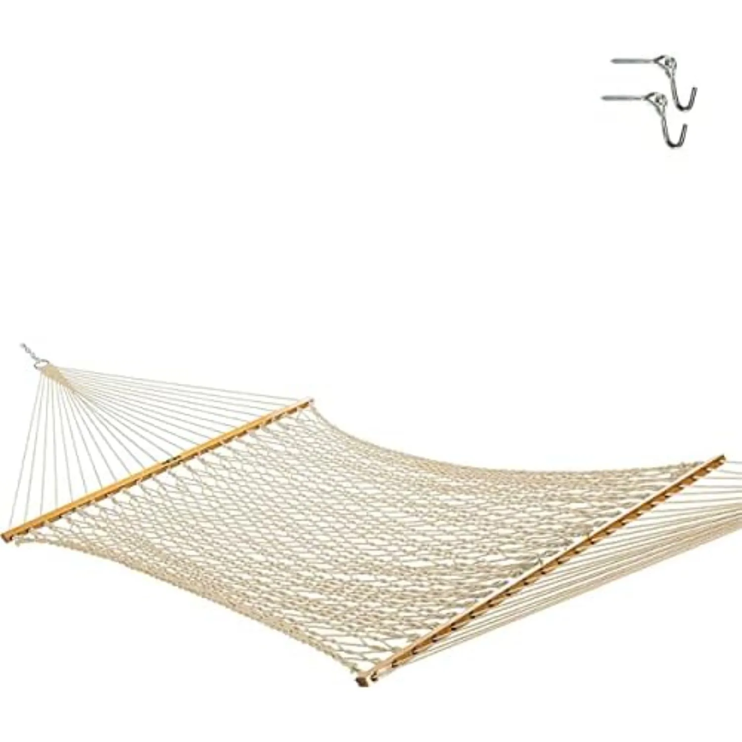 Large Oatmeal DuraCord Rope Hammock – 13 ft. x 55 in., 2-Person, 450 lb Capacity, Oak Spreader Bar, Zinc-Plated
